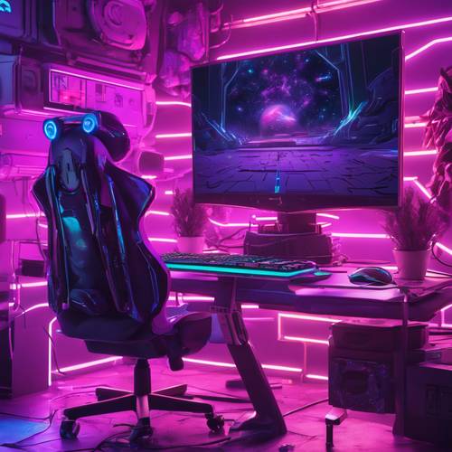 Davor steht ein großer Gaming-Monitor mit einem leuchtend violetten Hintergrundbild mit kosmischem Thema sowie einer weißen Tastatur und Maus.