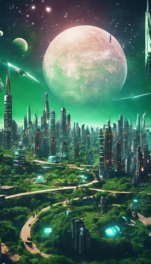 Kota futuristik di planet hijau di bawah langit berbintang.
