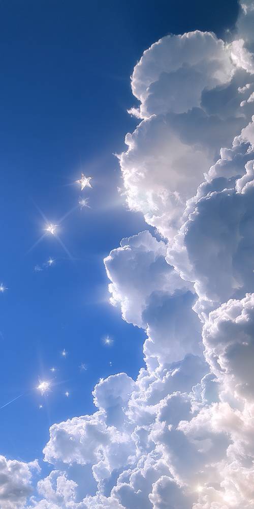 Estrelas brilhantes e nuvens fofas em um céu azul claro.
