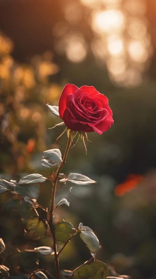 Un&#39;unica, vibrante rosa rossa in piena fioritura sullo sfondo di un giardino leggermente sfocato nella luce dorata del tramonto.