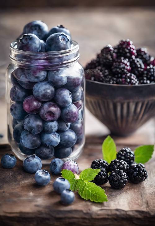 Fresh blueberries and blackberries in a painted still-life, exhibiting a blend from blue to purple. Tapetai [74424c8169b24ce3bc03]