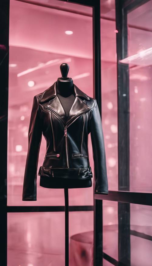 Jaket kulit hitam bergaya yang menutupi manekin merah muda mengilap, berdiri di jendela butik mode kelas atas.