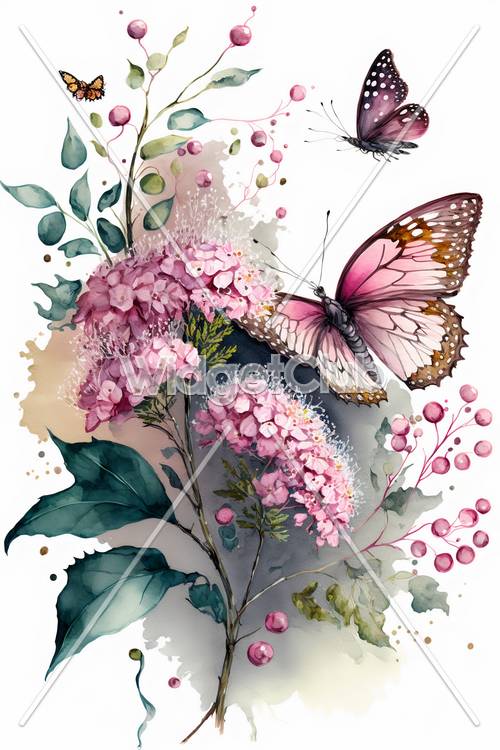 Karya Seni Kupu-kupu dan Bunga Merah Muda