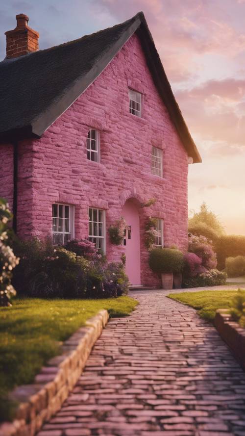 A pristine pink brick English cottage at dusk.