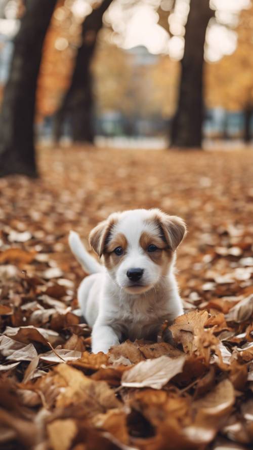 Un cucciolo giocoso che mastica una foglia autunnale caduta in un parco coperto di foglie cadute.