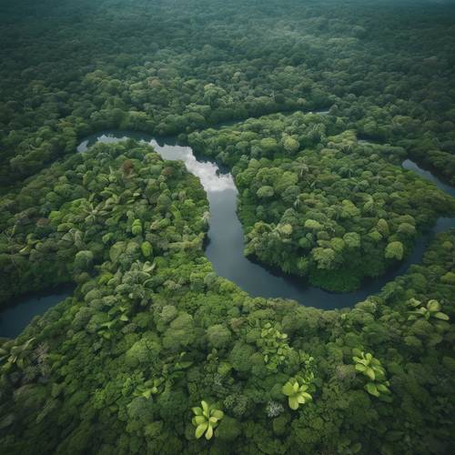 Uma vista aérea da Floresta Amazônica em plena floração, o rio serpenteando por um mar de folhagem verde exuberante
