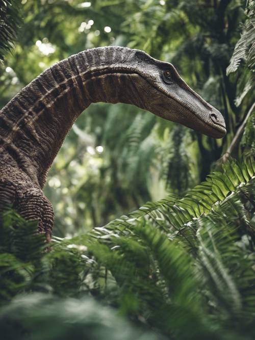 Ein Mamenchisaurus mit sehr langem Hals, der anmutig die obersten Blätter eines riesigen Baumes mampft.