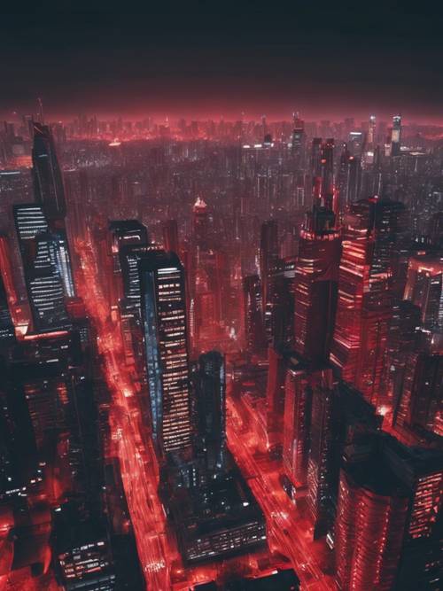 Szczegółowy pejzaż miejski o zmierzchu, z czerwonymi neonami migającymi na drapaczach chmur.