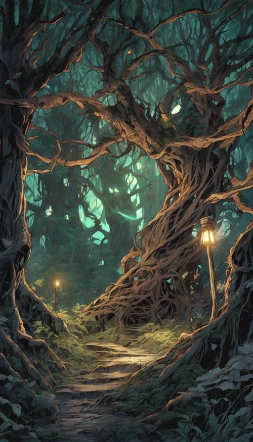 뒤틀린 나무와 그림자 속에 빛나는 영혼이 숨어 있는 애니메이션 스타일의 유령이 나오는 숲입니다.