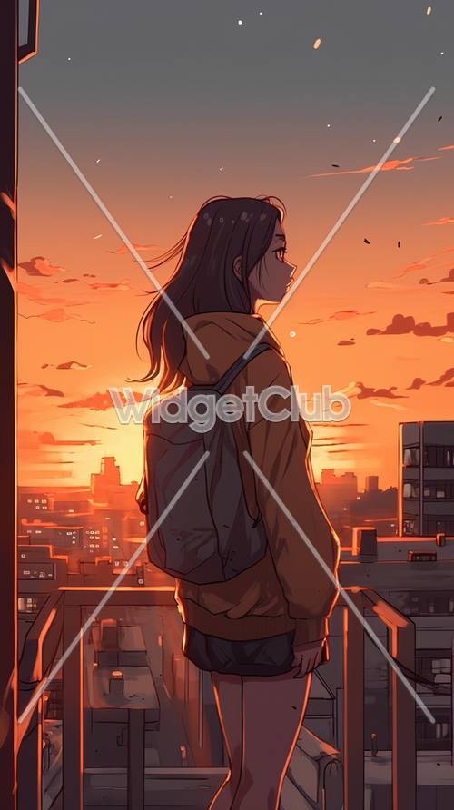 Вид на город на закате с девушкой в ​​куртке