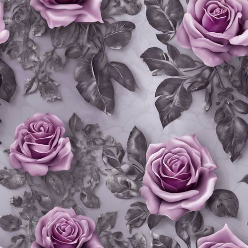 Padrões de damasco cinza-púrpura altamente ornamentados com rosas e folhas entrelaçadas.