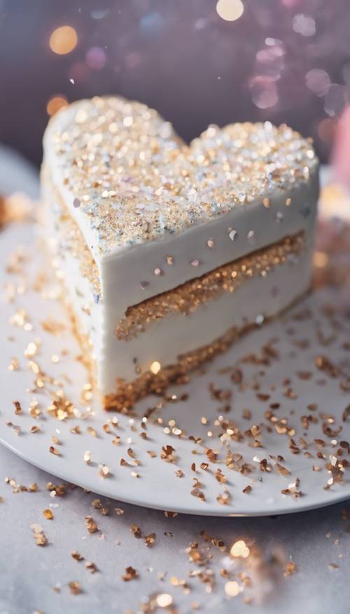 Ein weißer herzförmiger Kuchen mit essbarem Glitzer obendrauf für eine Geburtstagsparty.