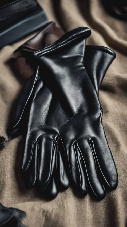 一双黑色皮手套摆放好，准备戴上。