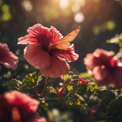 Uma imagem extravagante onde seres semelhantes a fadas usam flores de hibisco como abrigo, desfrutando de seu brilho quente e radiante.