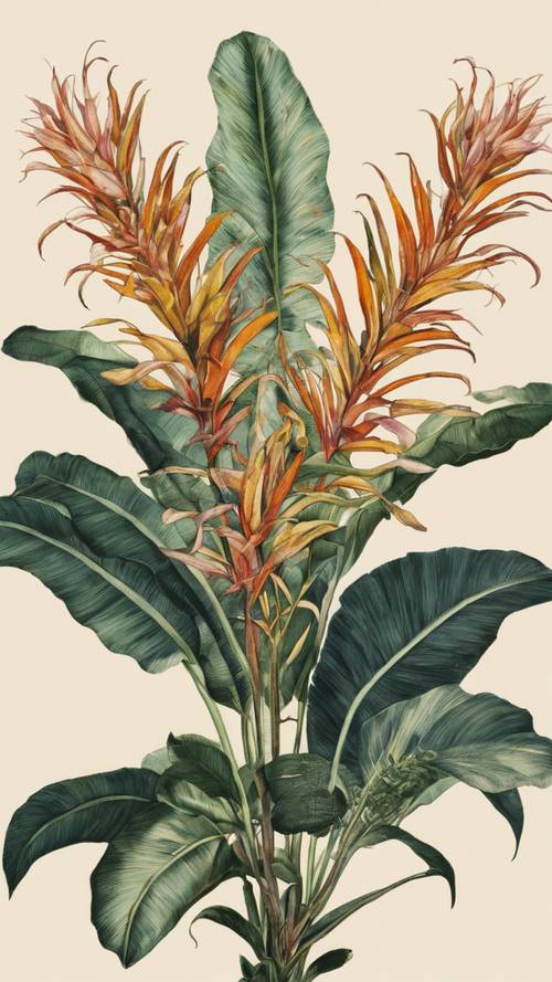 Una ilustración botánica antigua de una planta tropical exótica en plena floración.