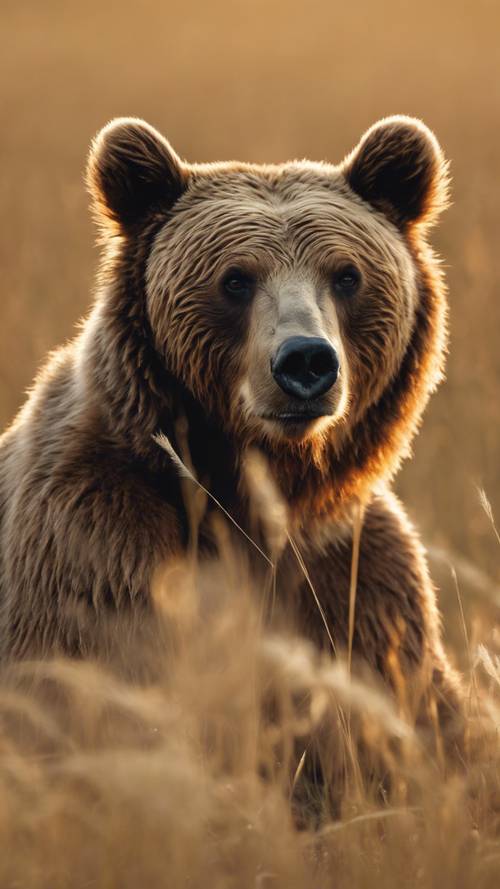 Um urso marrom solitário com vista para um campo dourado de grama alta de verão ao amanhecer.