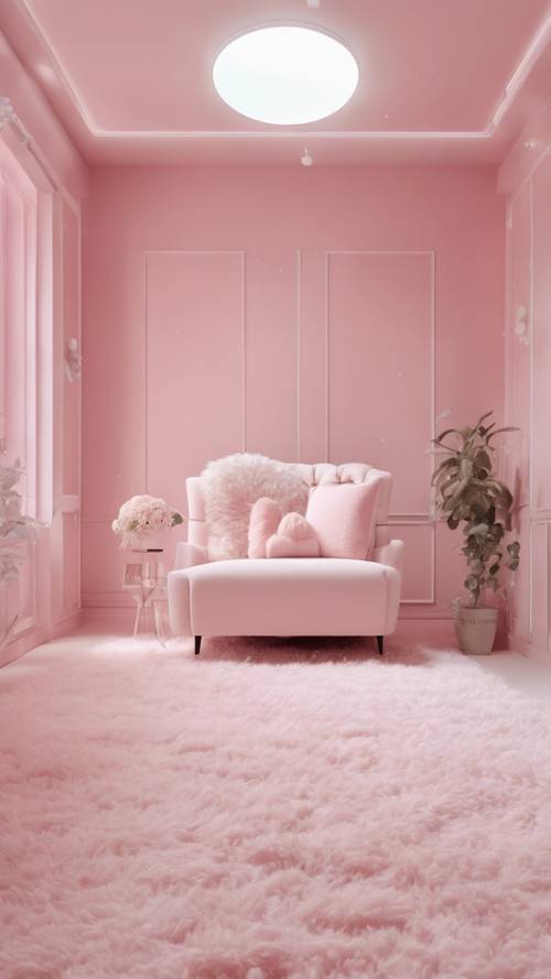 明亮的 Y2K 风格房间，配有淡粉色墙壁和蓬松的白色地毯。