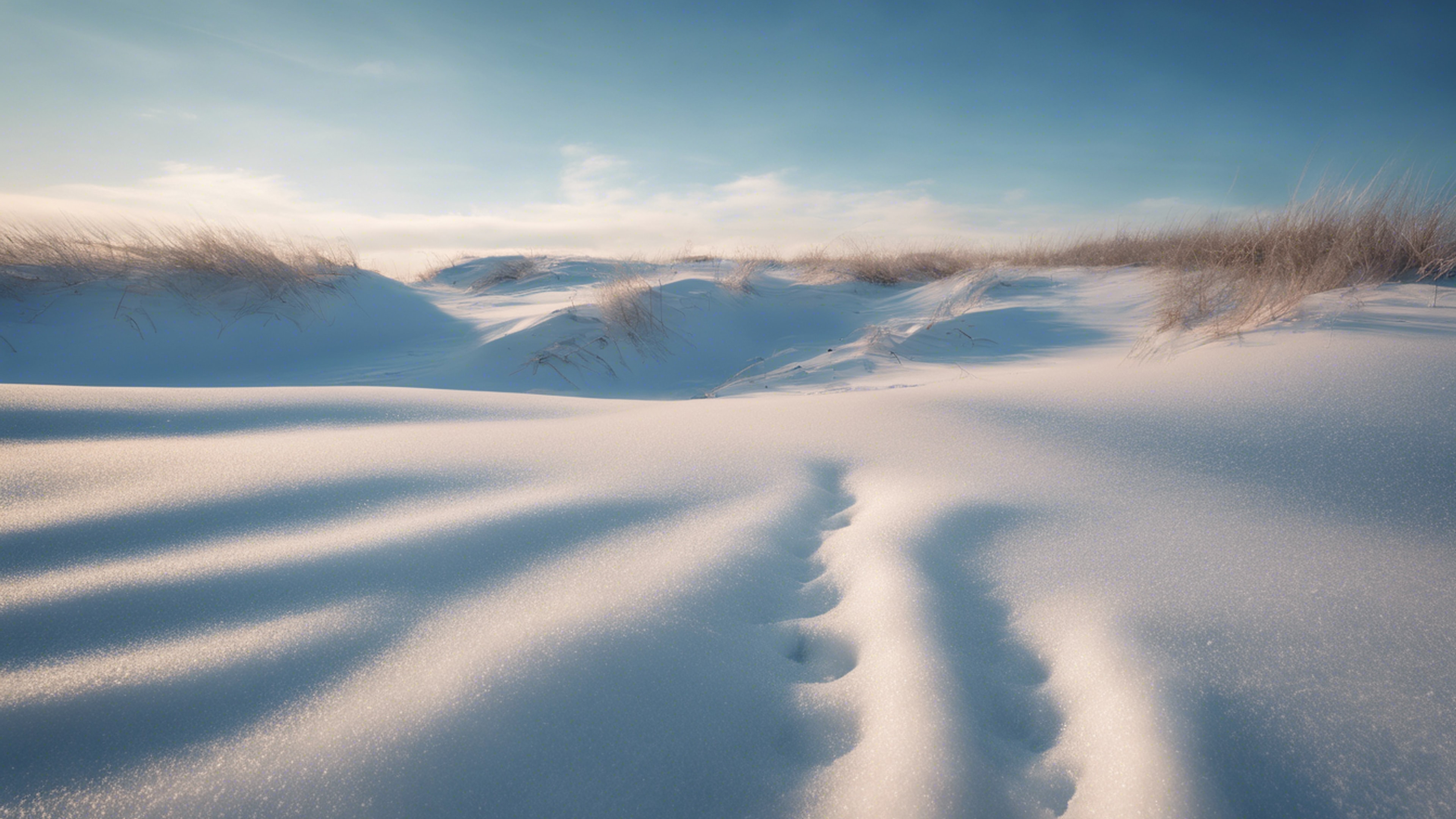 Wind-swept snow dunes under the icy blue winter sky, reflecting the beauty of harsh winters. Wallpaper[319e4af3da1b45239bcc]