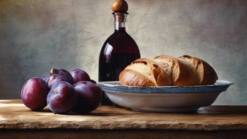 A rustic still life painting of plums, a wine decanter, and a loaf of bread on a wooden table.