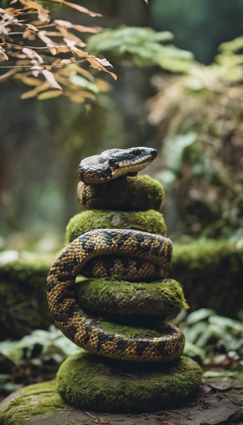 Uma cobra mamushi japonesa deslizando sobre uma velha lanterna de pedra coberta de musgo.