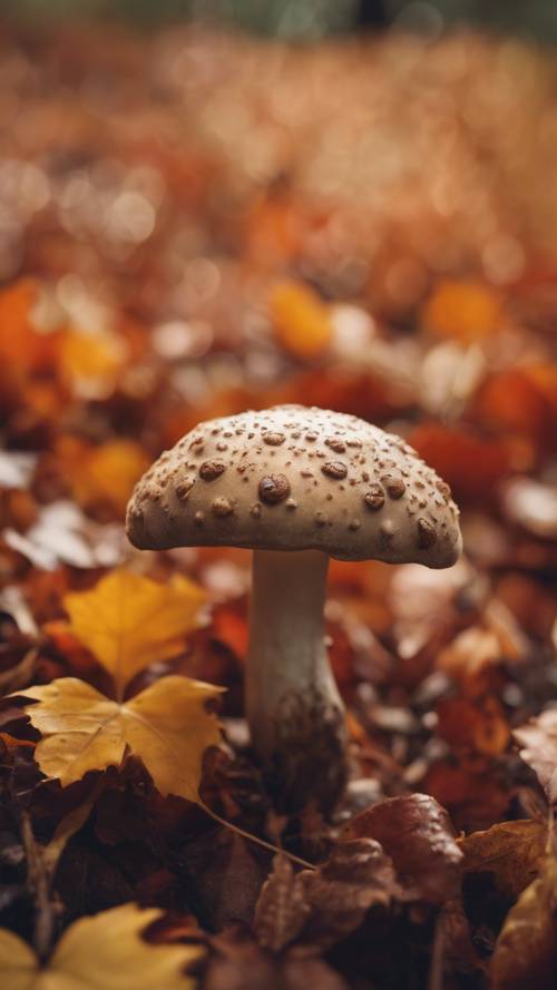 A picturesque image of a cute porcini mushroom growing among a lush, colorful bed of autumn leaves.