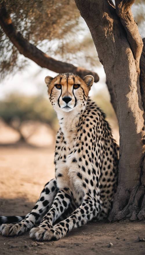 Seekor cheetah duduk dengan tenang di bawah pohon akasia, tubuhnya yang kuat berbintik-bintik hitam dan putih cerah yang kontras.