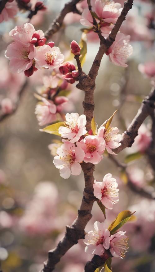 Eine antike botanische Studie verschiedener Pfirsichbaumsorten in voller Blüte.