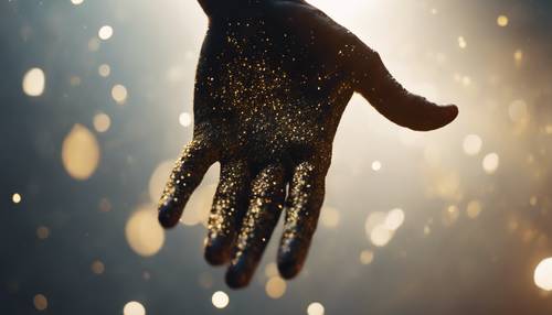 Una mano humana cubierta de brillo negro y dorado que se acerca a una luz brillante