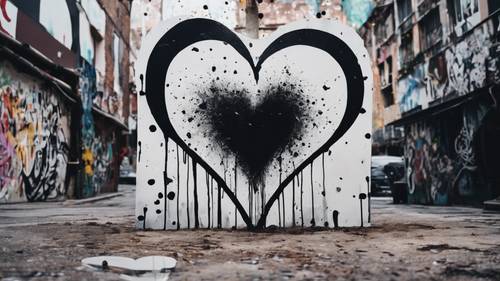 这是一幅多层次的街头艺术描绘，一颗白色心形撞击一颗黑色心形并造成飞溅。