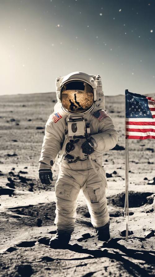 Retrate um astronauta plantando uma bandeira americana na superfície da lua.
