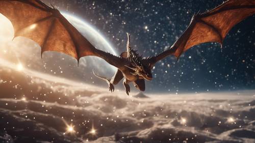 Một con rồng đang bay đang đuổi theo một sao chổi băng qua không gian đầy sao.