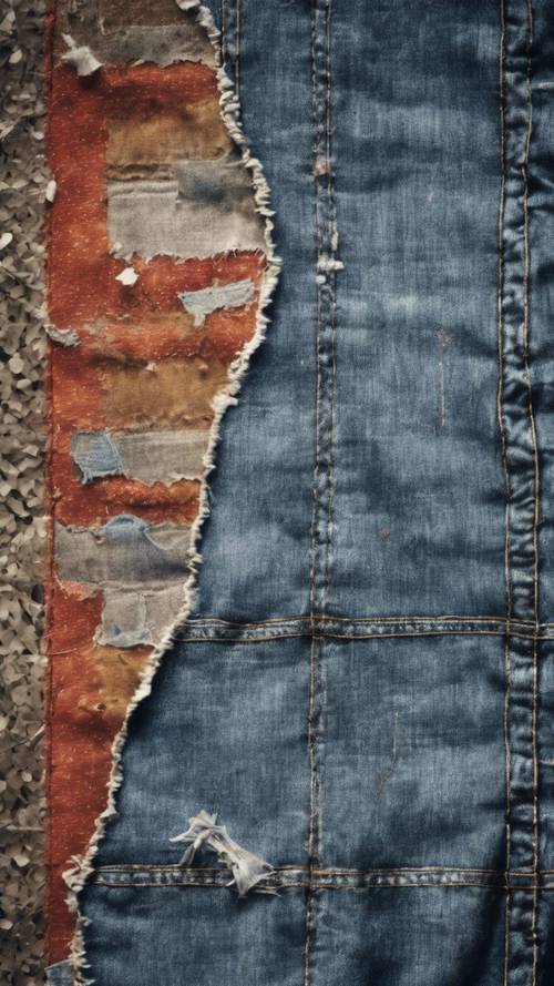Pola grunge yang menampilkan kain denim robek dengan tambalan dan jahitan tersebar merata.