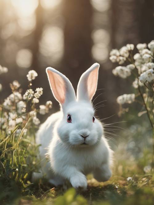 A beautiful white rabbit hopping around in the meadow during spring.