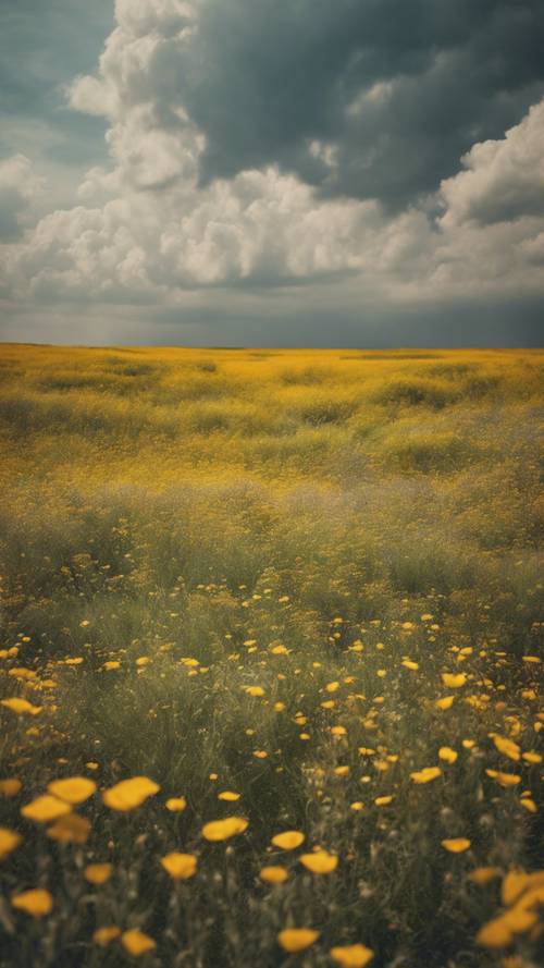 מישור צהוב מנוקד בפרחי בר תחת שמים מעוננים.