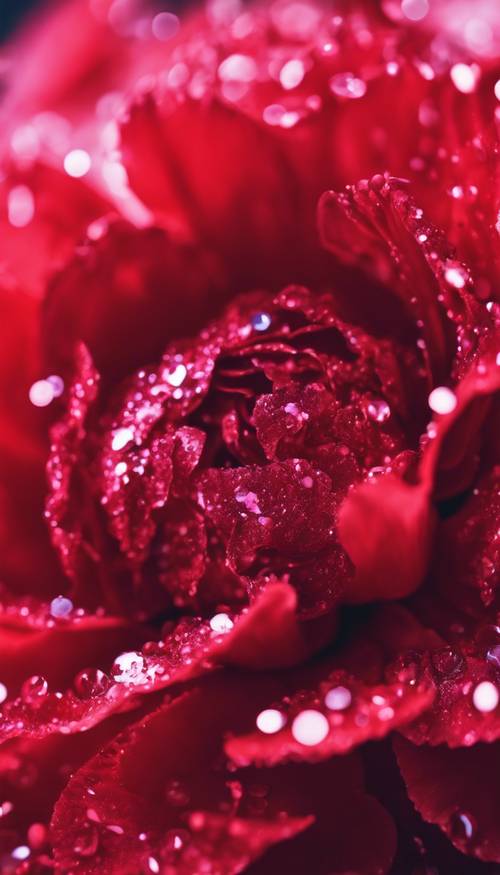 A close-up shot of a carnation bathed in scarlet glitter droplets.