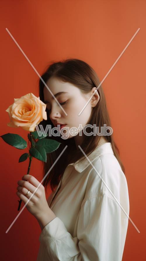 Girl with Rose on Red Background