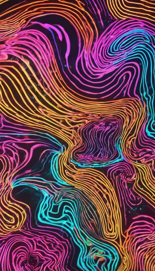 A close-up view of a psychedelic 70s pattern in neon colors. کاغذ دیواری [523b3cadd7e4494d9f2d]