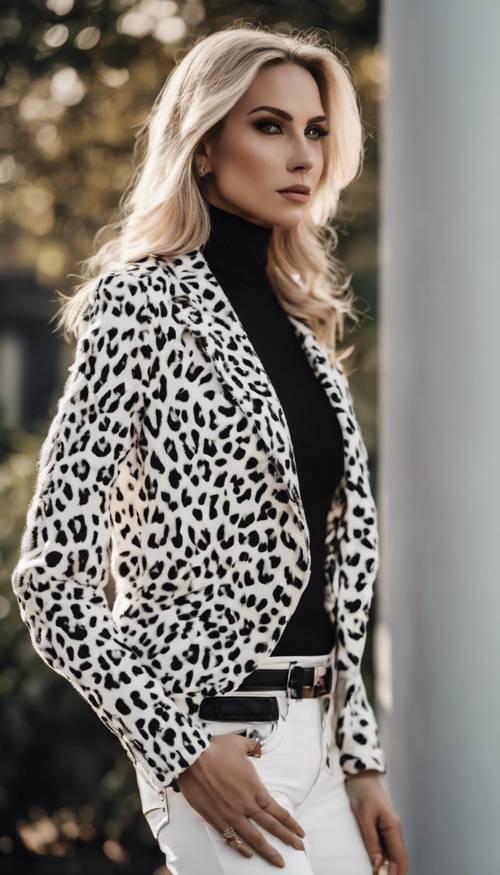 Beyaz leopar desenli şık üst ve siyah jean pantolondan oluşan şık bir kombin.