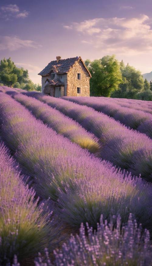 Ein kleines Steinhaus inmitten eines blühenden Lavendelfeldes. Hintergrund [2895abaa58b249cf8c77]