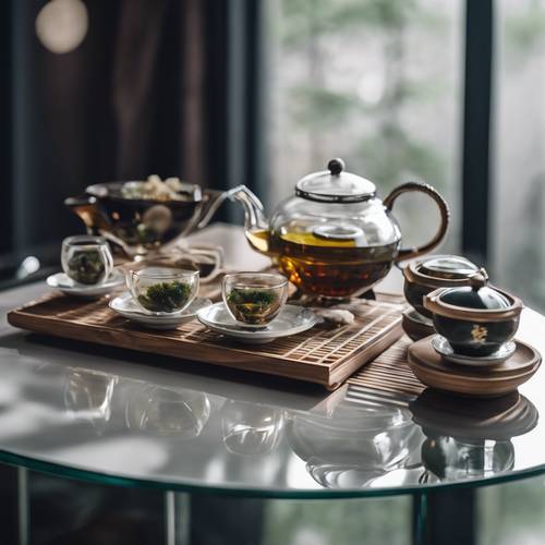 Interpretasi modern dari upacara minum teh tradisional Cina dengan peralatan teh yang elegan di atas meja kaca.