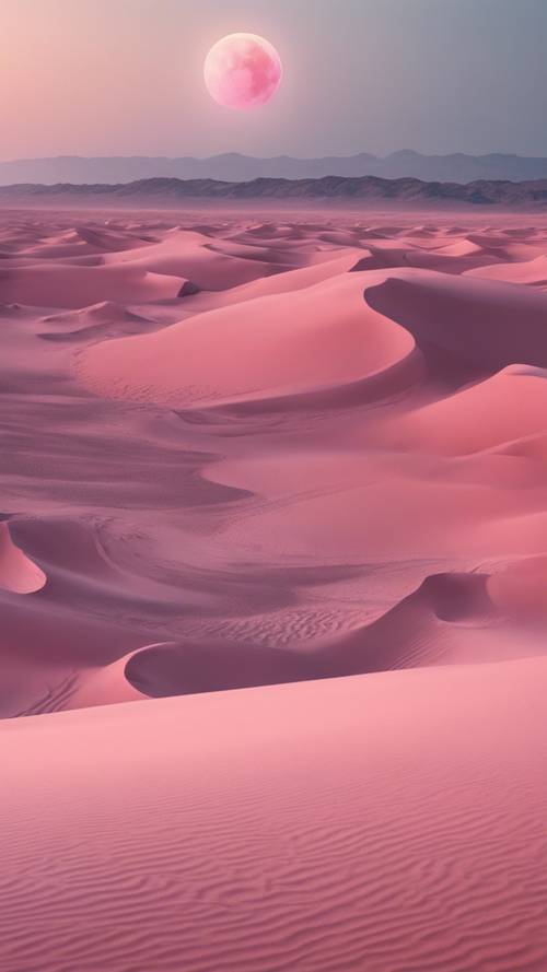 Un paysage de dessert avec une lune rose surplombant de gigantesques dunes.