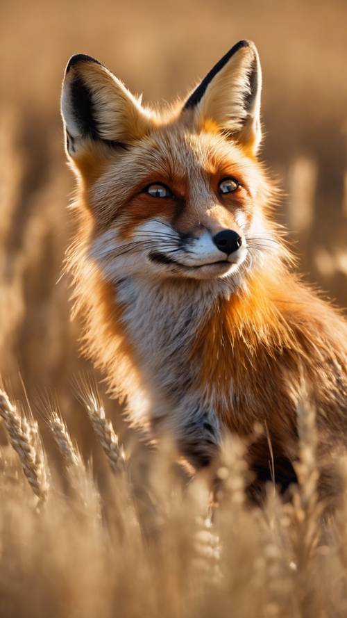 午後陽光下，一隻淘氣的紅狐在金色的麥田裡飛奔。