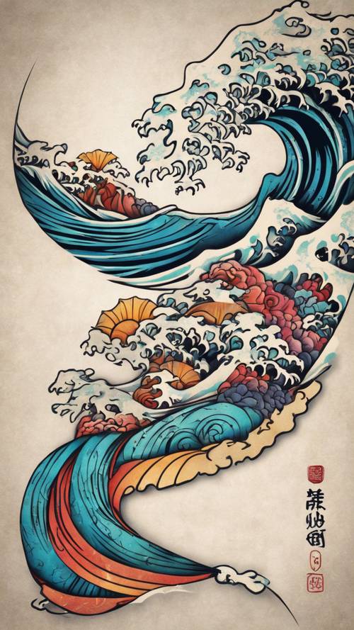 Kolorowy tatuaż w kształcie japońskiej fali ze skomplikowanymi detalami.