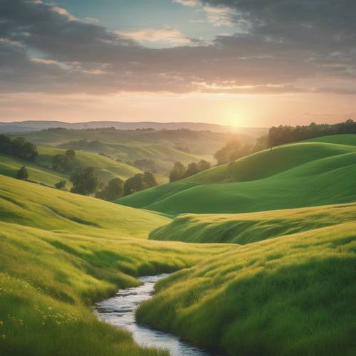 A scenic summer landscape of rolling green hills and a gentle stream, under the soft pastel shades of a setting sun.