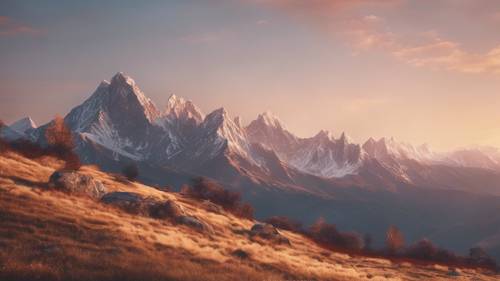 A scenic mountain range bathed in the soft hues of a setting sun.