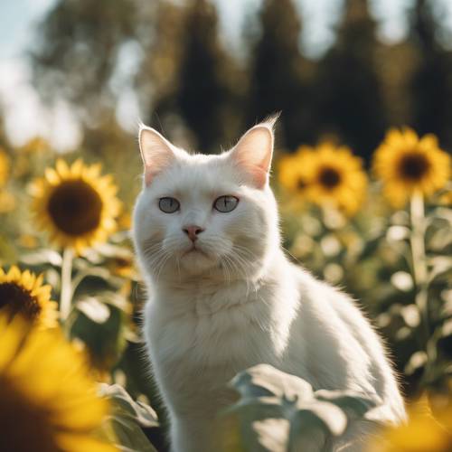 A white cat with black ears peeping out from behind a tall sunflower in a sunny field.