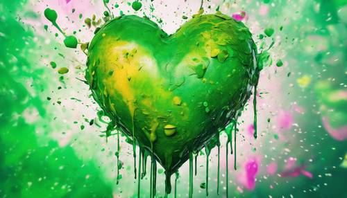 Pintura de un corazón verde en medio de toques abstractos de colores.