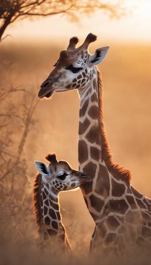 在温暖的大草原日出中，一只小长颈鹿幼崽依偎在母亲的怀里。