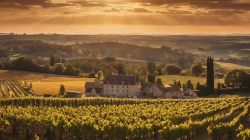 A golden sunrise over Burgundy, France, casting a warm, inviting glow over the sprawling vineyards and a farm house in the distance.