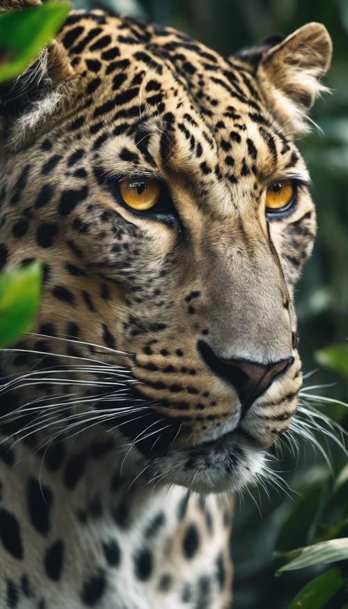 Vista ravvicinata del muso muscoloso di un leopardo grigio, con i suoi penetranti occhi gialli che fissano intensamente il fitto fogliame della giungla.